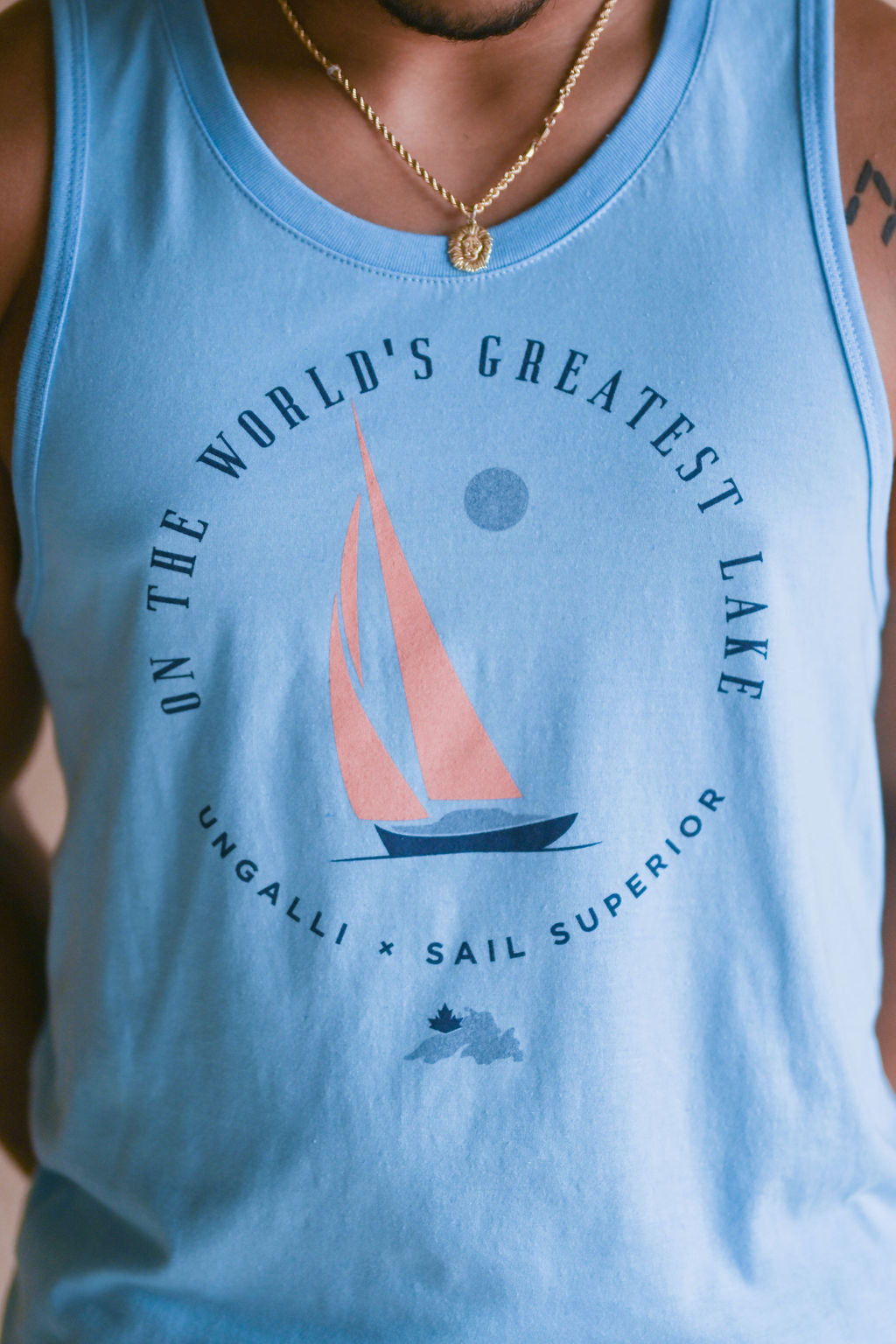 Men's organic light blue tank top with sail boat 'greatest lake' design on front