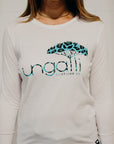 White long sleeve ethically made top with Ungalli logo