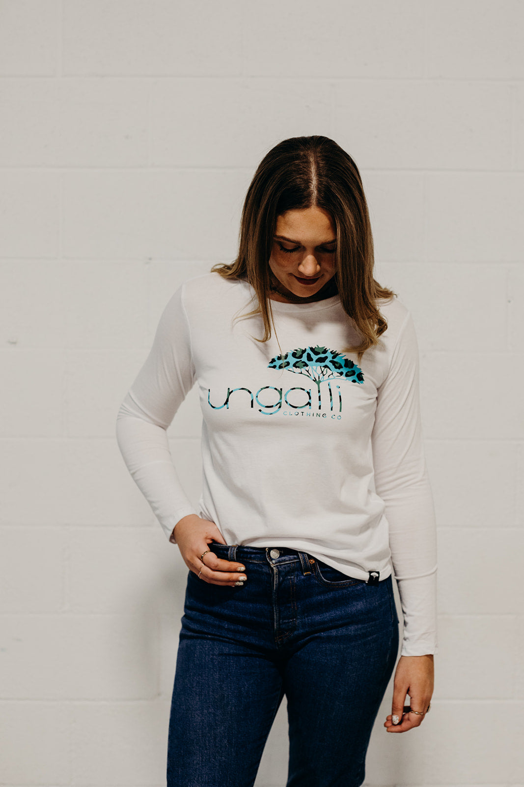 White long sleeve ethically made top with Ungalli logo