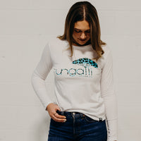 White long sleeve ethically made top with Ungalli logo