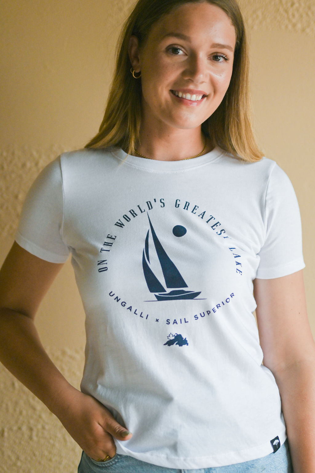 Women&#39;s recycled short sleeve white t-shirt with Sail Superior logo