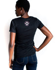 Women's organic short sleeve black t-shirt with text that reads 'Tell your dog I said HI' on front