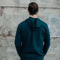 Organic green unisex zip up hoodie with white details