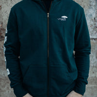 Organic green unisex zip up hoodie with white details