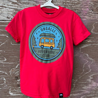 Kids red organic t-shirt with multi coloured 'adventure club' logo