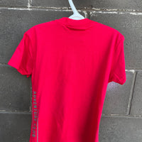 Kids red organic t-shirt with multi coloured 'adventure club' logo