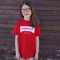 Children's recycled red t-shirt with white accents and sleeping giant outline across front