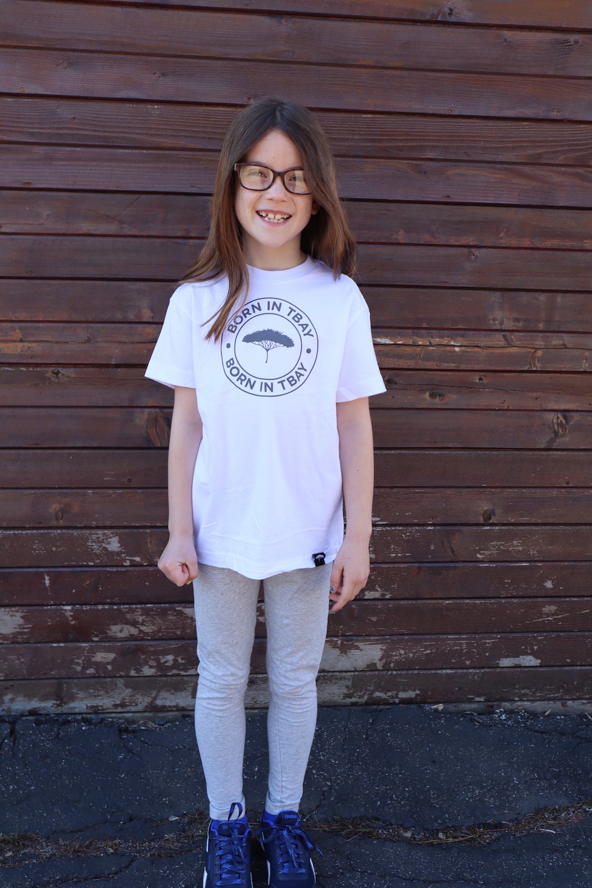 Kid's organic short sleeve white t-shirt with grey design on front 