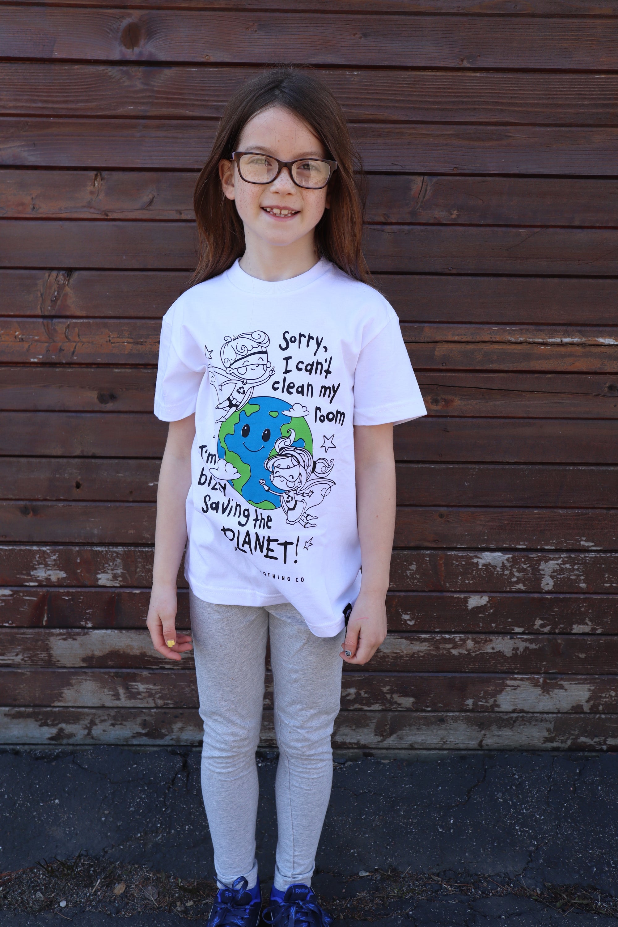 Children's sustainably made white t-shirt with earth design and text on front