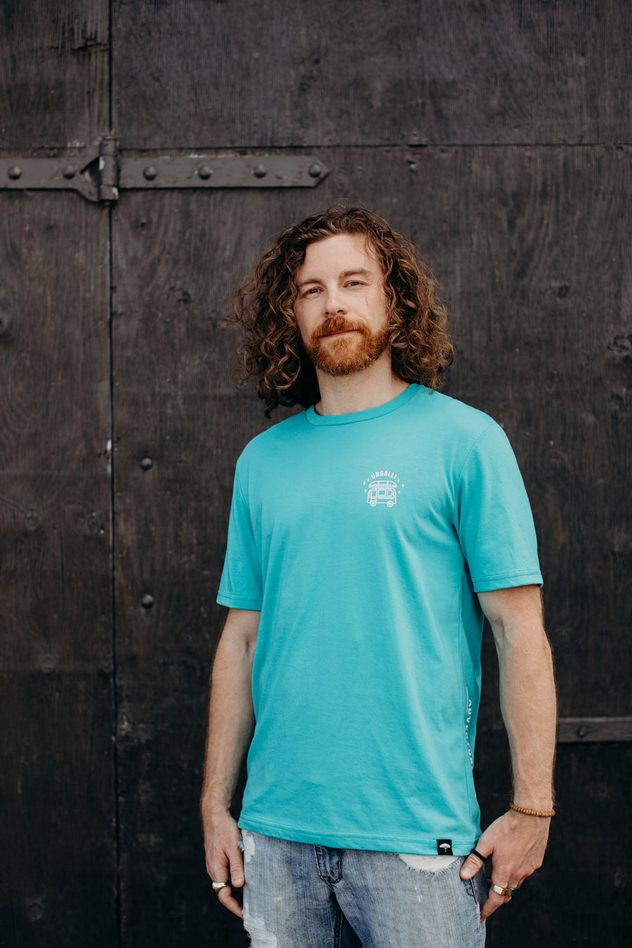 Men's organic teal t-shirt with white details