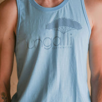 Light blue men's tank top with but Ungalli logo across front