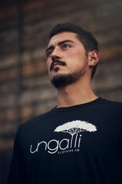 Men's (unisex) sustainable long sleeve black shirt with white Ungalli logo on front