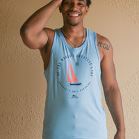 Men's organic light blue tank top with sail boat 'greatest lake' design on front