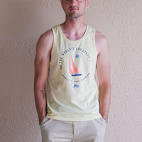 Men's yellow ethically made tank top with sail boat 'greatest lake' design on front