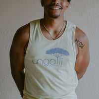 Men's recycled yellow tank top with light blue Ungalli logo across front