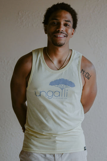 Men's recycled yellow tank top with light blue Ungalli logo across front