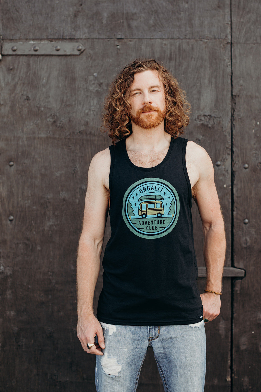 Mens organic black tank top with adventure club multi coloured logo