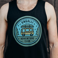 Mens organic black tank top with adventure club multi coloured logo