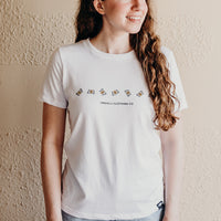 Women's white organically made t-shirt with bee design on front