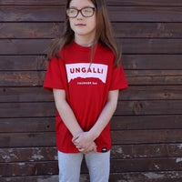 Children's recycled red t-shirt with white accents and sleeping giant outline across front