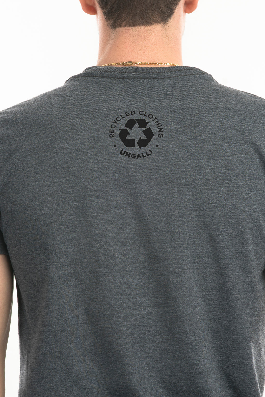 Unisex organic grey t-shirt with matte black Ungalli logo across front
