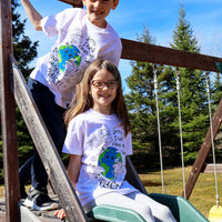 Children's sustainably made white t-shirt with earth design and text on front