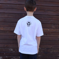Children's sustainably made white t-shirt with earth design and text on front