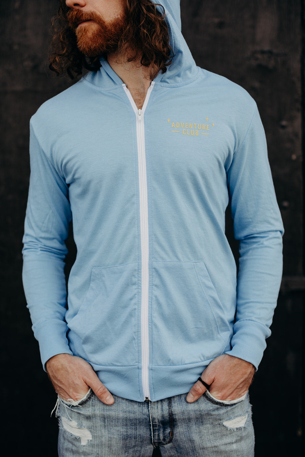 Light blue recycled unisex zip up hoodie