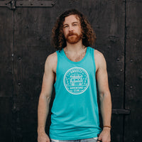 Men's organic teal tank top with white details