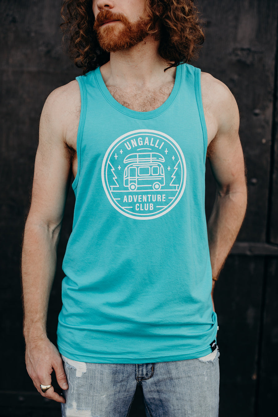 Men's organic teal tank top with white details