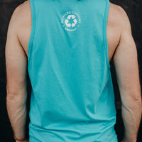 Men's organic teal tank top with white details