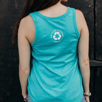 Women's organic teal tank top with white 'adventure club' logo