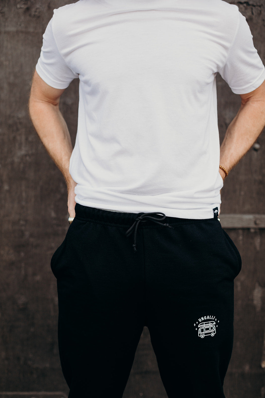 Black ethically made unisex joggers with white detailing