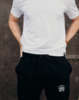 Black ethically made unisex joggers with white detailing