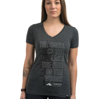 Women's short sleeve grey organic t-shirt with white text on front that reads: "The smell of lake the feel of the woods" 