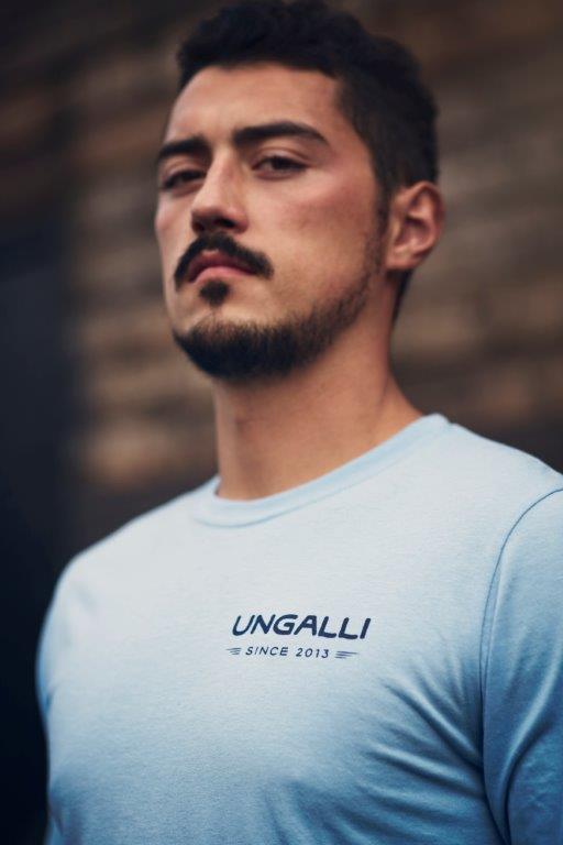 Ethically made unisex blue skies long sleeve shirt with text on back reading: "Dream big. Work hard."