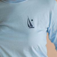 Unisex organic Lake Superior long sleeve light blue shirt with boat logo and text