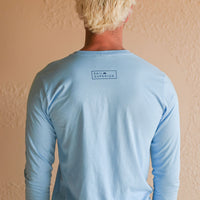 Unisex organic Lake Superior long sleeve light blue shirt with boat logo and text