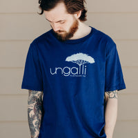 Unisex blue organic t-shirt with Ungalli logo across front