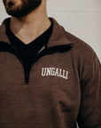Brown unisex recycled 1/4 zip sweater with small Ungalli logo in white on front