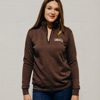 Brown unisex recycled 1/4 zip sweater with small Ungalli logo in white on front