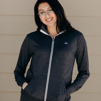 Unisex recycled hoodless grey zip up sweater with Sleeping Giant design on back
