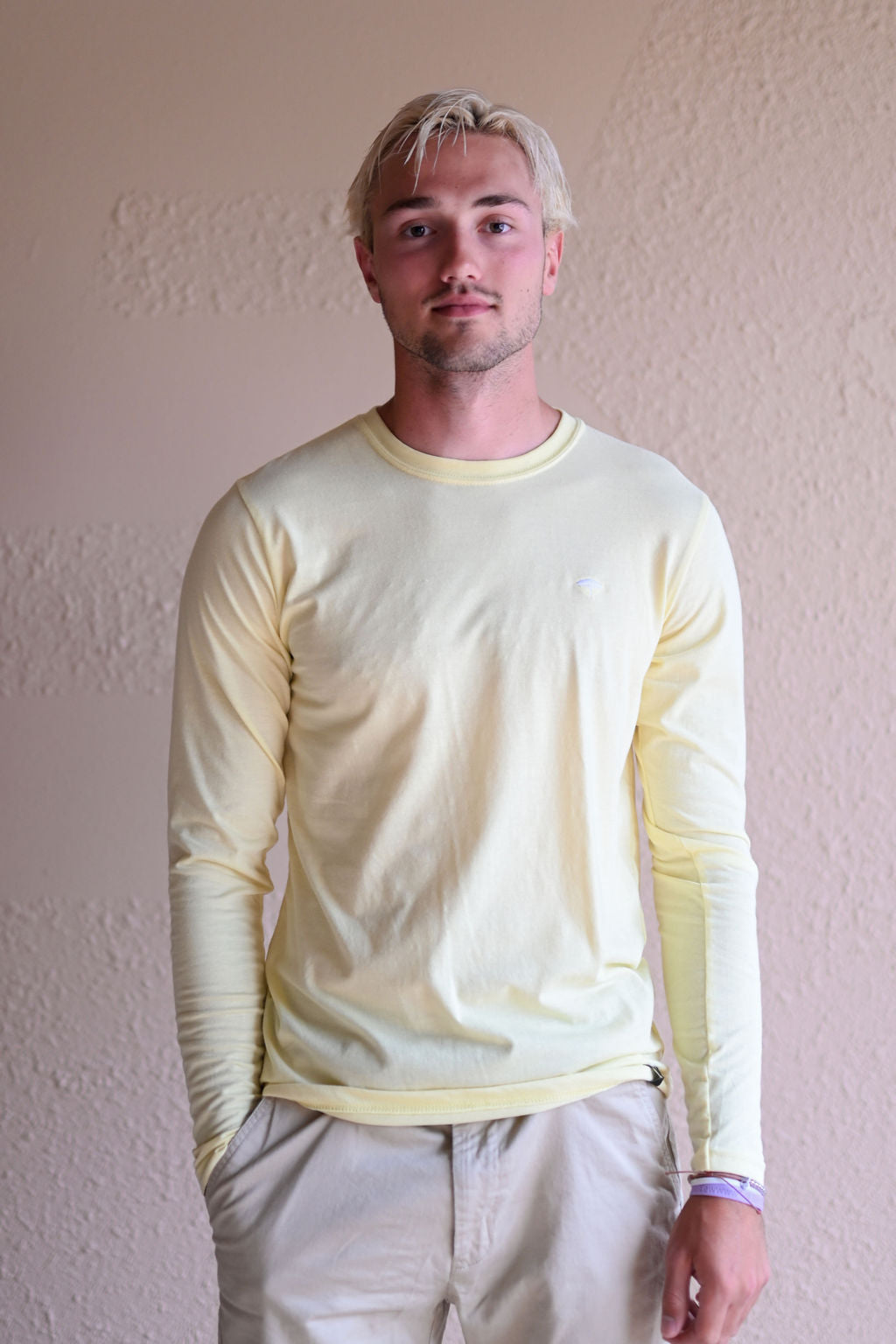 Unisex ethically made long sleeve yellow shirt with small white ungalli tree on front