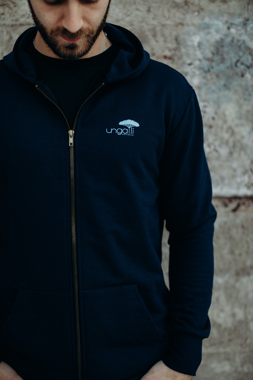 Recycled unisex navy zip up hoodie with light blue Ungalli logo
