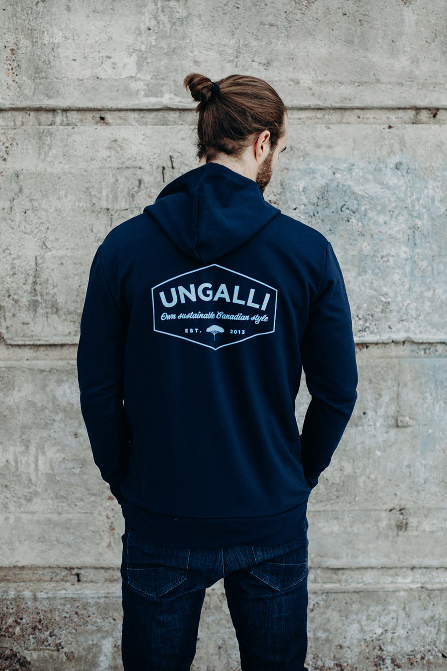 Recycled unisex navy zip up hoodie with light blue Ungalli logo