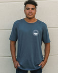 Organically made unisex short sleeve t-shirt in blue with white Lake Superior logo on front
