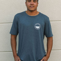 Organically made unisex short sleeve t-shirt in blue with white Lake Superior logo on front