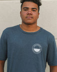 Organically made unisex short sleeve t-shirt in blue with white Lake Superior logo on front