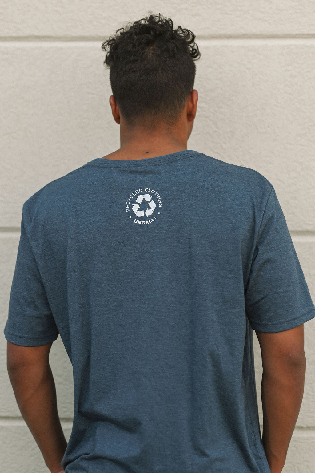 Organically made unisex short sleeve t-shirt in blue with white Lake Superior logo on front