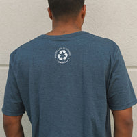 Organically made unisex short sleeve t-shirt in blue with white Lake Superior logo on front
